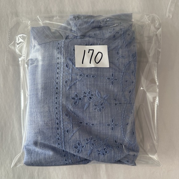 TALBOTS Top Chambray Eyelet Blouse 3/4 Sleeve Blue Large Petite Preppy Beach - Picture 11 of 11